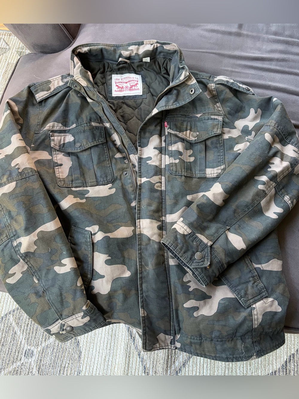 Levi's Men's Washed Cotton Military Field Jacket - Green Camo (Size L)